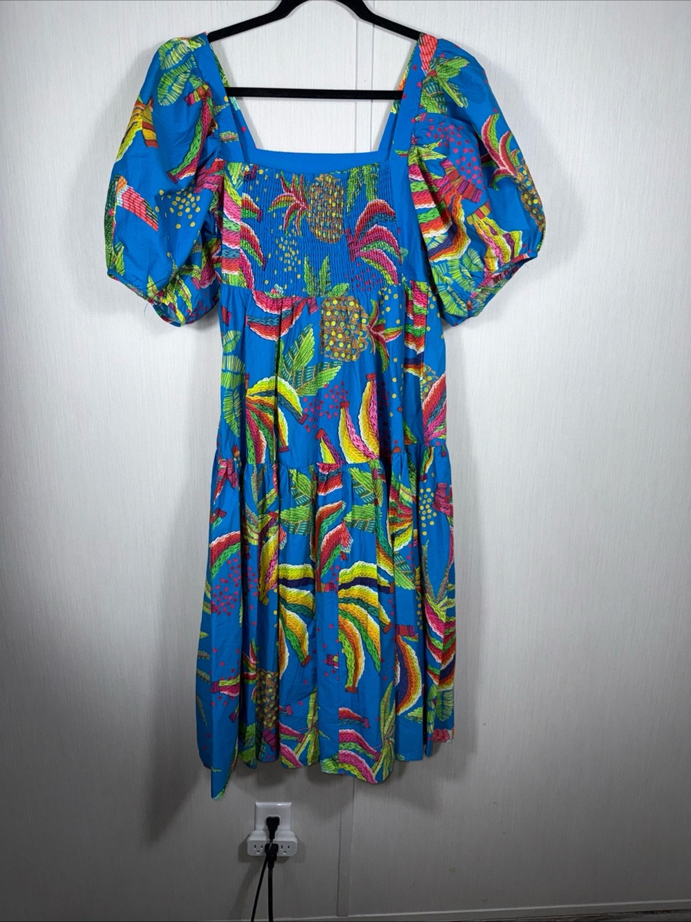 Farm Rio S Pineapple Dress Puff Sleeve Floral Tiered Midi Anthropologie Blue - Picture 9 of 10